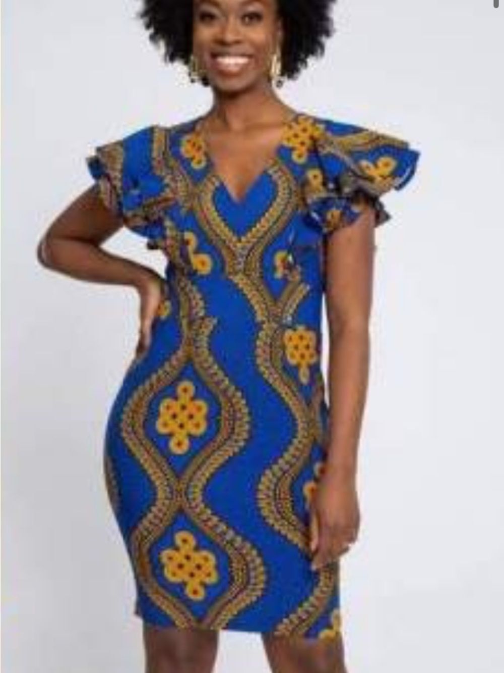 D’IYANU Lupita African Print Ruffle Sleeve Sheath Dress Blue Gold Large